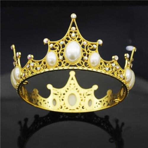 2020 New Large Size Pearls Crown Royal Queen King Tiaras Head Ornaments Metal Diadem Party Wedding Hair Jewelry Bridal Tiaras