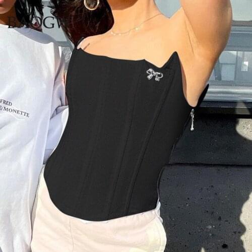 Bow Patchwork Solid Camis Summer Women Corset Top Sexy Off Shoulder Bustier Tube Side Zipper Party Club Skinny Cropped Tank Top