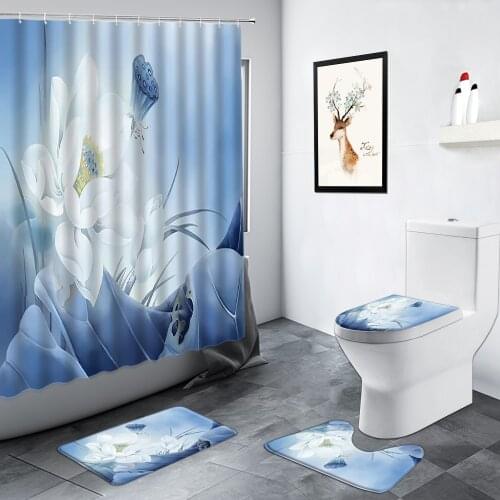 Chinese Style Lotus Shower Curtains Creative White Flowers Leaves Plant Bathroom Decor Anti-slip Mat Bath Carpet Toilet Mats set