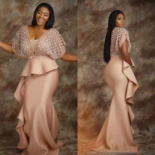 Pearl Pink Lace Mermaid Evening Dresses 2019 African Saudi Arabia Formal Dress Women Sheath Prom Gowns Celebrity Robe De Soiree