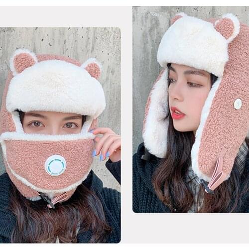 Womens hat Winter Warm Faux Lambswool Earflap Windproof Face Cover Hat with Breathing Valve Ourdoor Bomber Hats Cap for female