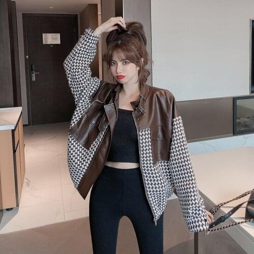 2021 Women French Houndstooth Stitching Fur Woolen Loose Coat New Korean Style Small Short Coat