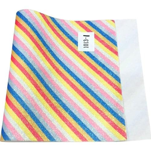 Rainbow Printed Colorful Stripes Super Shiny Fine Glitter Faux Leather Fabric Sheet For Making Shoe/Bag/DIY Accessories