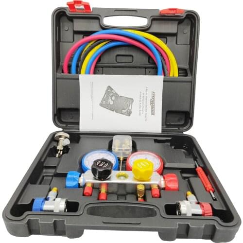 4 Way AC Manifold Gauge Set HVAC Diagnostic Freon Charging Tool for Auto Household R134A R22 R410A 5FT Hose Adjustable Can Tap