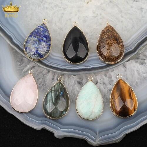 5Pcs/Lot Plated Gold Natural Amazon Tiger Eye Stone Water Drop Beads Charms For DIY Earring Necklace Jewelry Making DT-24KBAJ