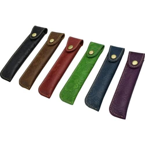 Nature Cowhide Leather Pen Holder For One Pen Vintage Retro Flower Decorative Pattern Pencil Case Bag School Office Sipplies