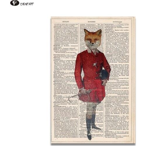 CHENFART no Framed Vintage Dictionary Book Art Gentleman Fox Canvas Wall Pictures for Living room Bedroom Office