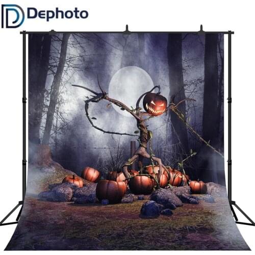 Dephoto Halloween Photography Backdrops Full Moon Pumpkin Lantern on Tree Trunk Spider Web Kids Children Party Photo Backgrounds