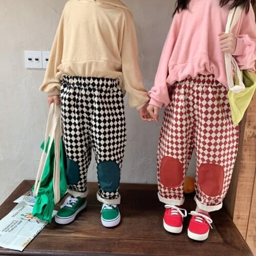 Childrens pants 2021 autumn childrens diamond Plaid patch pants leggings girl toddler pants kids clothes girls