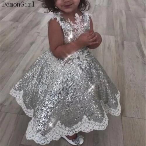 Glittler Silver Sequined Kids Girls Elegant Flower Girl Dress Princess Party Pageant Formal Gown 2-14 Y