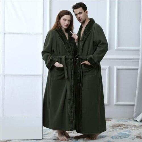 Lovers Winter Extra Long Thick Warm Flannel Fleece Bathrobe Luxury Gown Double deck Kimono Bath Robe Fur Collar Robes Dressing