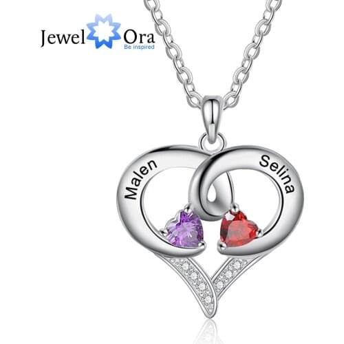 JewelOra Romantic Personalized Heart Birthstone Pendant Necklaces for Women Customized Name Engraved Necklaces Couples Gifts