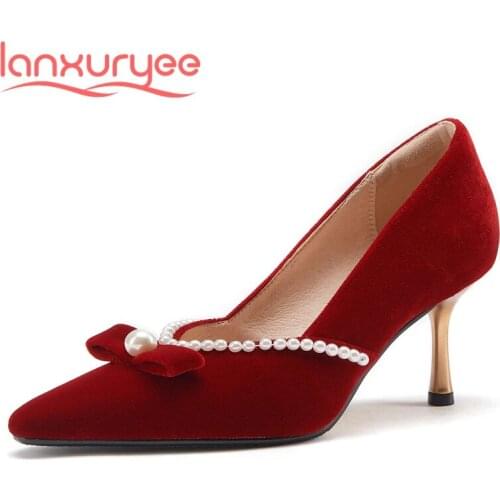 Lanxuryee french vintage wedding shoes flock butterfly-knot pointed toe thin high heel slip on nightclub fashion women pumps L50