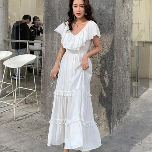 Summer 2021 Runway Elegant Ruffle Fringe Party Night Dress Long Boho Vacation Beach Dress Korean Maxi White Vintage Women Dress