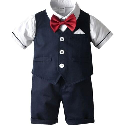 Summer Baby Boy Clothes Formal Dress Gentleman Bow Tie Shirt Vest Shorts Sets Party Wedding Costume Children Clothing Suit