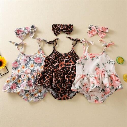 Cute Princess Summer New Baby Girl’s Lace-Up Suspender Romper Fresh Leopard/Flower U-neck Jumpsuits and Headband 2PCS Infant Set