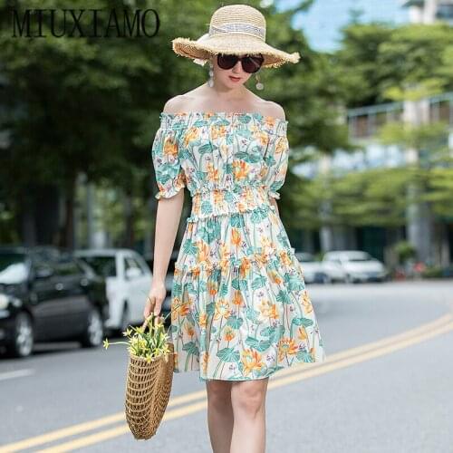 MIUXIMAO 2020 Summer Dress Newest Arrival Fashion Half Sleeve Slim Flower Print Above Knee Dress Women Vestidos