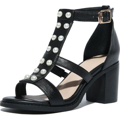 Fashion summer Pearl Roman sndals Casual black genuine leather pumps Sapatos Femininos Women gladiator footwear Shoes GS603-7