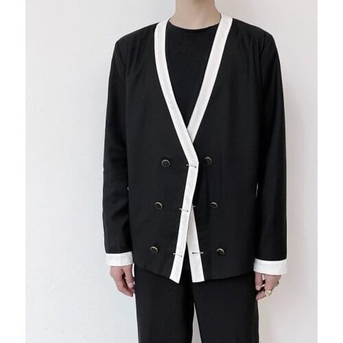 Men Double Breasted V-neck Casual Suit Blazers Jacket Male Vintage Fashion Loose Suit Coat Outerwear