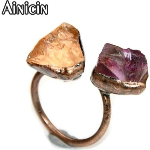 Natural Semi-precious Stone Amehtyst Citrine Fluorite Anitque Bronze Plaitng Open Rings For Fashion Women Jewelry 10pcs