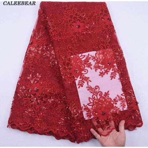Latest African Lace Fabric Red Nigerian Sequin Lace Fabric Embroidery Beaded African Bridal Sew Fabric 5 Yards For Wedding S2159