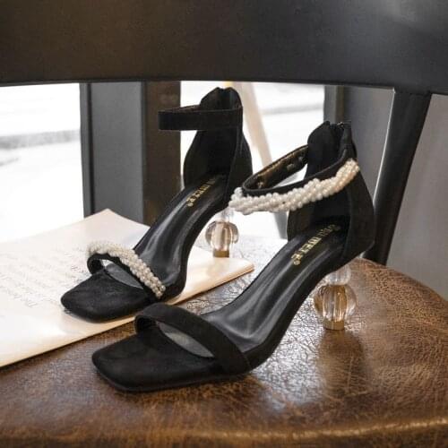 2021 Spring and Summer New Black French Beaded High Heel Sandals Clear Heel Pearl Shoes