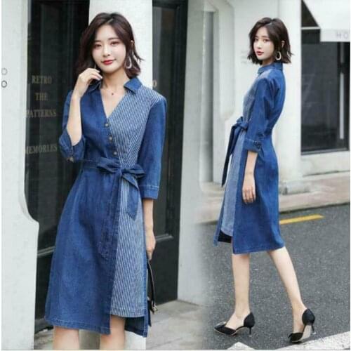 New Womens Fashion Korean Autumn New Look Thin V-neck Skirt Slim Denim Dress