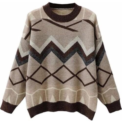 Retro autumn and winter contrast round neck sweater 2021 new Korean students lazy wind long sleeve outer jacket women