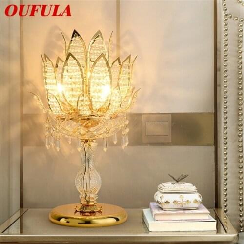 OUFULA Luxury Table Lamp Crystal Modern Gold Lotus Creative Decoration LED Desk Light For Home Bedside