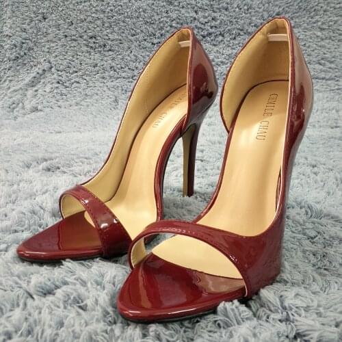 Sexy Burgundy Patent Pumps High Heel Evening Bridals Dress Party Women Pumps Spring Summer Peep Toe Stiletto 12cm Heels Shoes