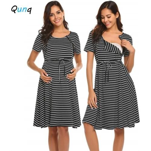 Qunq Maternity Dress Summer Striped Cotton Casual Dresses for Pregnant Women A-line Slim Breast-feeding Outfits 2020 New