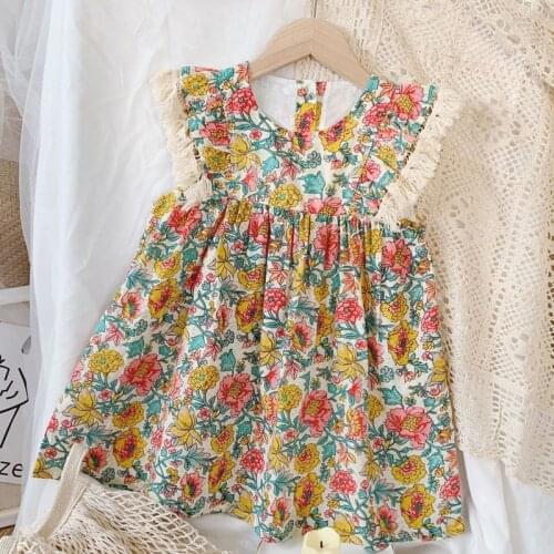 2020 Girls Floral Dress Summer Girls ChildrenS Clothes European American Ethnic Style Lace Flying Sleeves Princess Fairy Dress