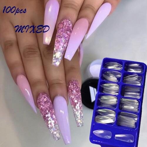 Wholesale 100Pcs Mixed Long Ballerina Clear Coffin Stiletto ABS Fake Nail Art Fingernail Full Cover Pointed Fasle Nail Manicure