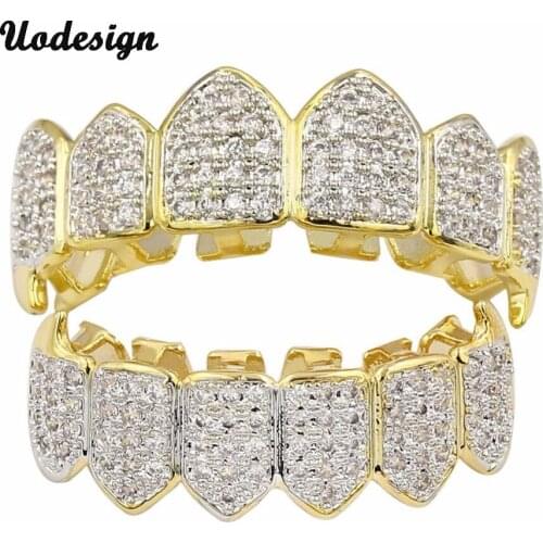 Gold Silver Plated Hip Hop Teeth Grill All Iced Out CZ Stone Micro Paved Men Womens Top & Bottom Grills Set