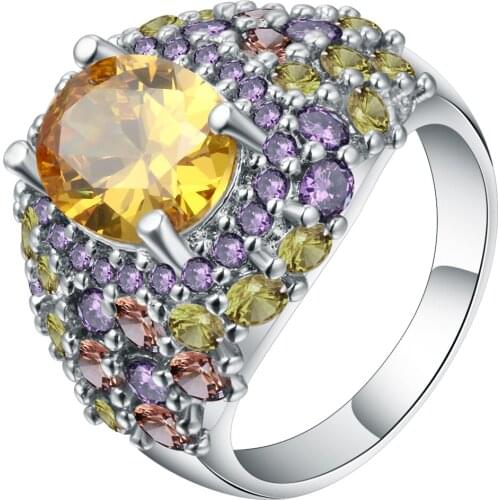 Luxury Colored Cubic Zirconia Exaggerated Flower Rings White Gold Filled Romantic Anniversary Gift New Bands Finger Ring Women