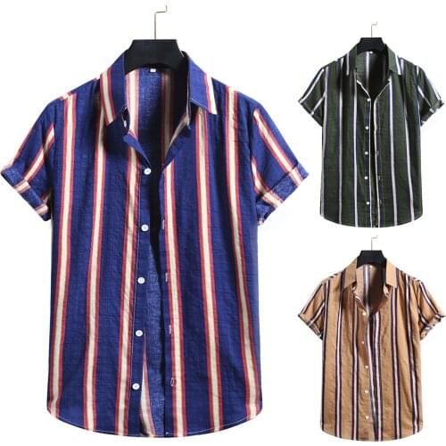 2021 Summer Mens Shirt Top Strip Print Cool Thin Shirt Cotton Linen Short Sleeve Button Blouse Tops Man