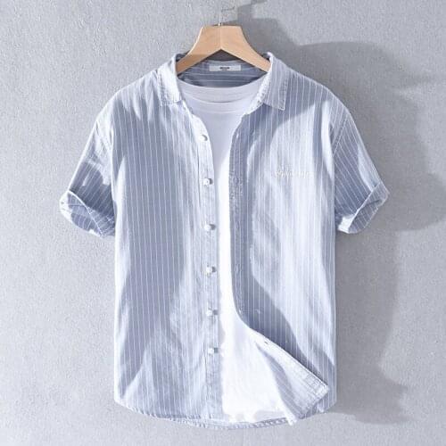 2020 Summer striped pure cotton sky blue shirts men brand short sleeve casual shirt for men fashion comfortable shirts male