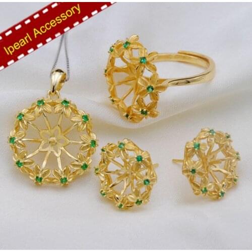 S925 Sterling Silver Pearl Jewelry Set Components Women DIY Pendant Holder+Earrings Accessory+Ring Settings(3pieces/Set)