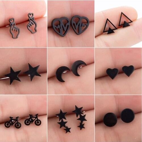 Stainless Steel Earrings Geometric Women Men Hip Hop Black Star Moon Stud Earring Fashion Jewelry Best Gift for Friend