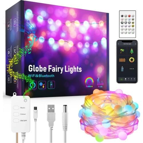 Spherical Lamp String Outdoor WiFi Bluetooth Remote Control Fairy Lights Leather Wire LED RGB Party LED Light Garden Decoration