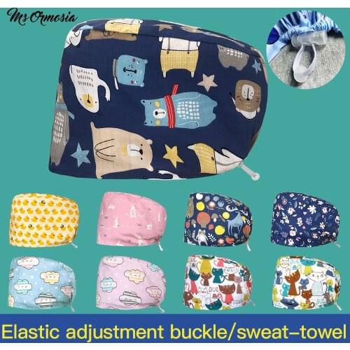 Pet Grooming Scrub Women Hat Cartoon Animal Print Multicolor Scrub Cap with Sweat-absorbent Elastic Buckle Nutritionist Work Hat