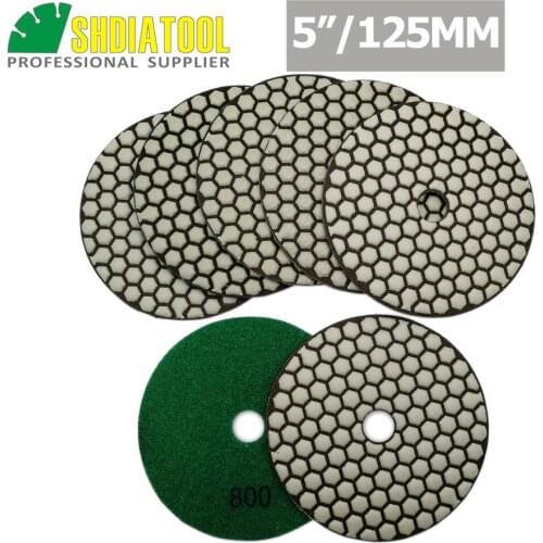SHDIATOOL 7pcs 5" #800 B Diamond Dry Polishing Pads Diameter 5inch Resin Bond Flexible Sanding Disc For Granite Marble Ceramic