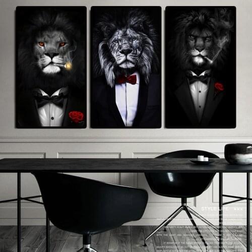Modern Lion In Black Suit Red Rose Canvas Painting Wall Art Monkey Posters Funny Animals Prints for Living Rroom Decor Cuadros