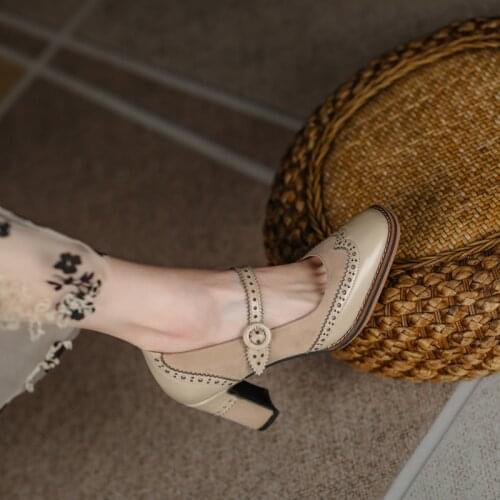 Women pumps natural leather shoes 22-25cm length Brogues shoes Cowhide + sheep suede Mary Jane shoes heels for women