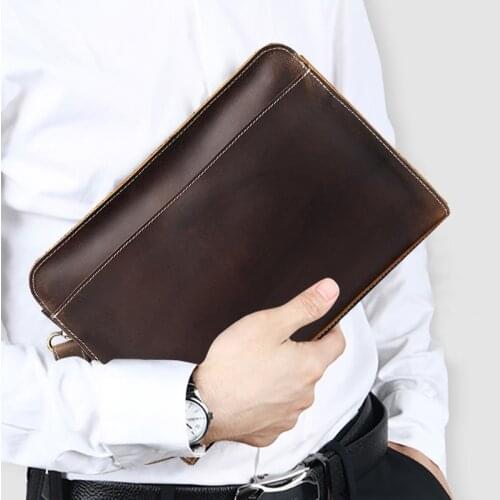 Vintage Genuine Leather Mens Clutch bag Handbag Coffee Black Cow Leather Wrist strap Large Clutch Handbag for Men 2020