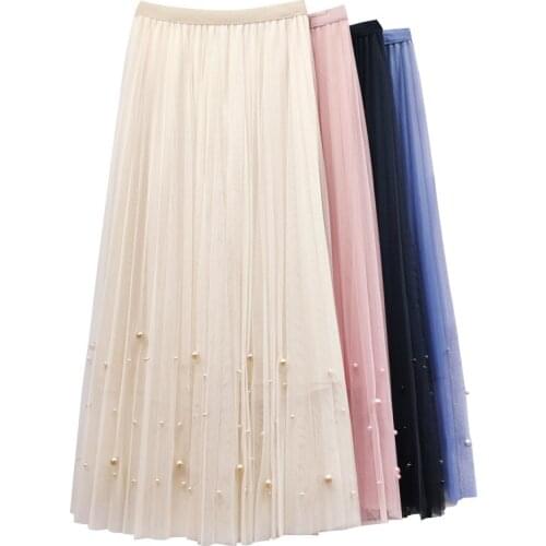 Spring and summer Woman Long Skirt Beaded yarn skirt mid-length a-line skirt High Waist Long Skirt Womens Gauze Loose Fit Skirt