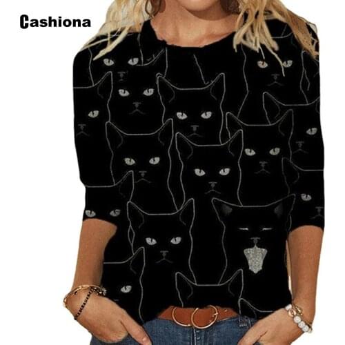 Plus size 3xl Women Elegant Leisure Casual T-shirt Model Cats Print O-neck Loose Womens Basic Tops 2021 Summer Tees shirt Femme
