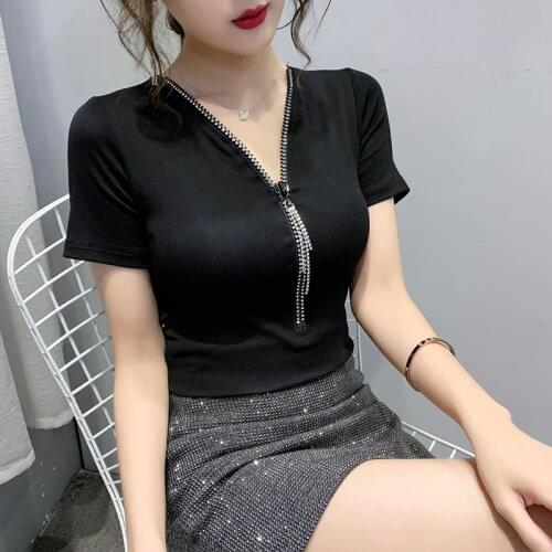Summer new Women short Sleeve V-neck zipper T Shirt Women Fashion Tops Casual Slim Woman T Shirts all neon store clothes