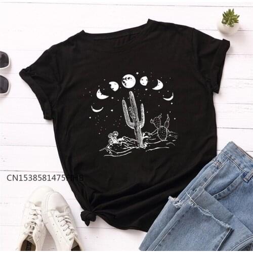 New Moon Cactus Print T-Shirt Summer XS-4XL Soft PremiumT Shirt Women Shirts TShirt Crew Neck Short Sleeve Tees Pink Tops