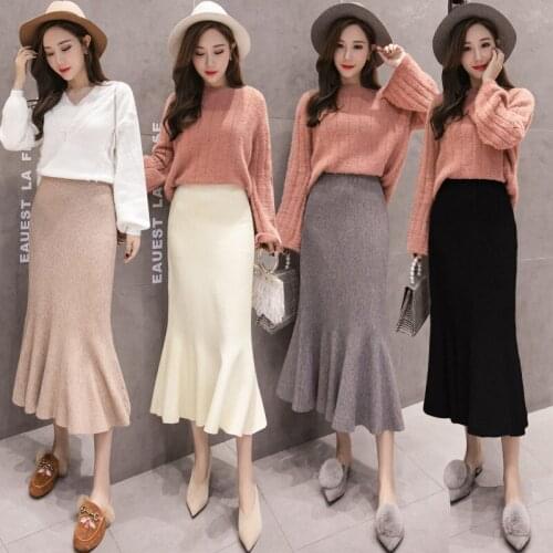 Knitted Mermaid Skirt Women Autumn Winter New Fashion High Waist Sexy Slim Ruffle Skirt Ladies Fishtail Skirts